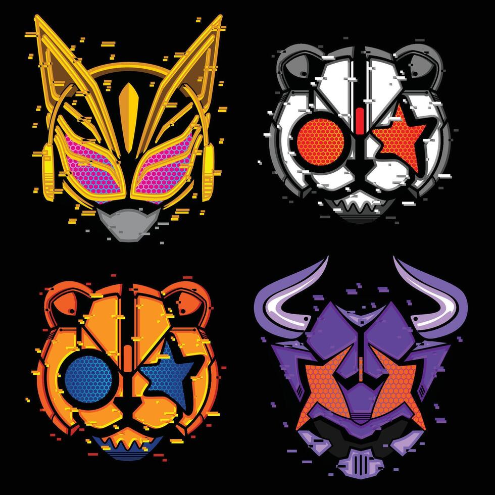 glitch animal helmet mascot design vector