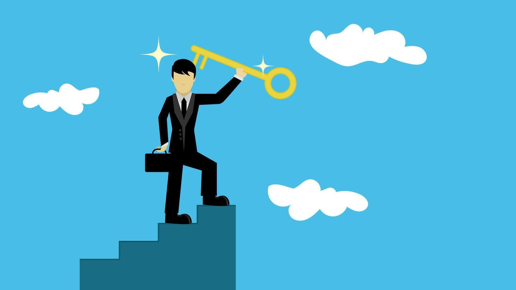 Businessman winner walk up to top of stairway lifting golden success key to the sky vector