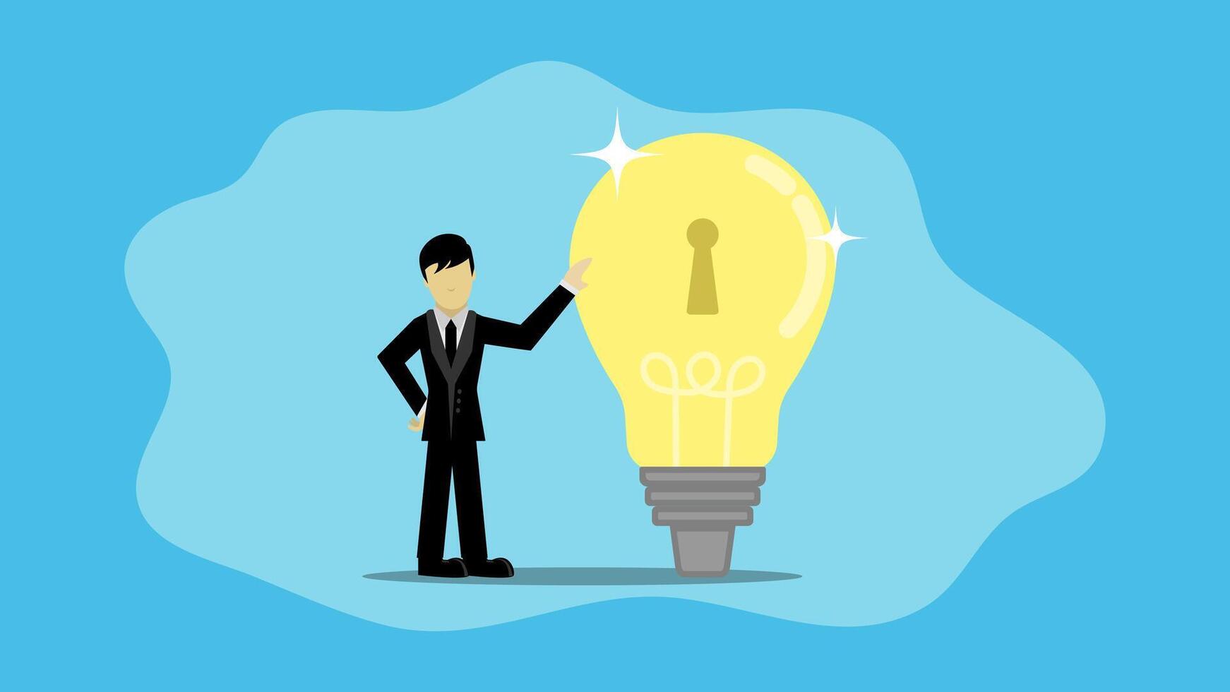 Businessman owner standing with light bulb idea locked with padlock for patents vector