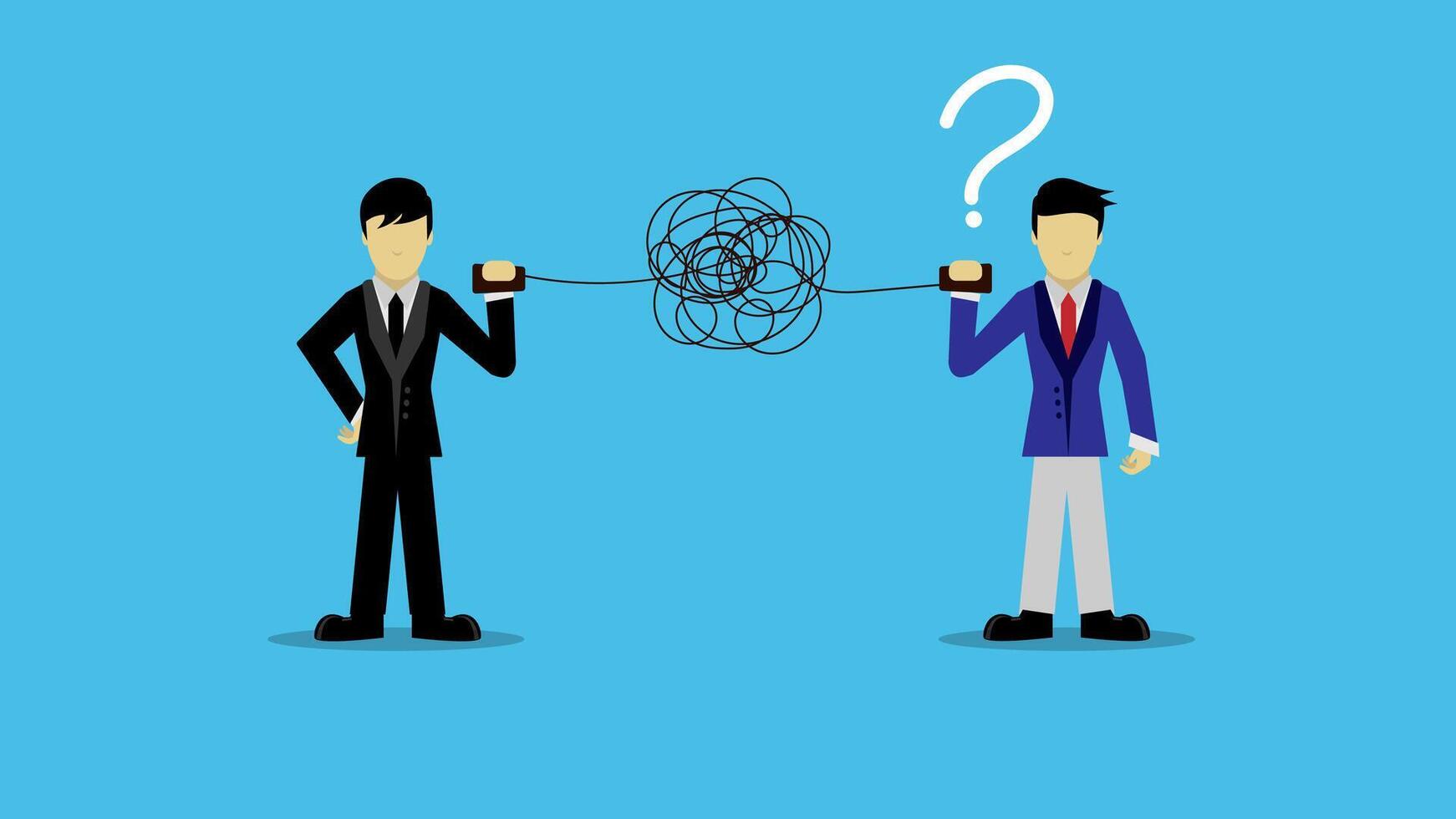 Bad communication, businessman talking through messy chaos, tangled phone line make other confused vector