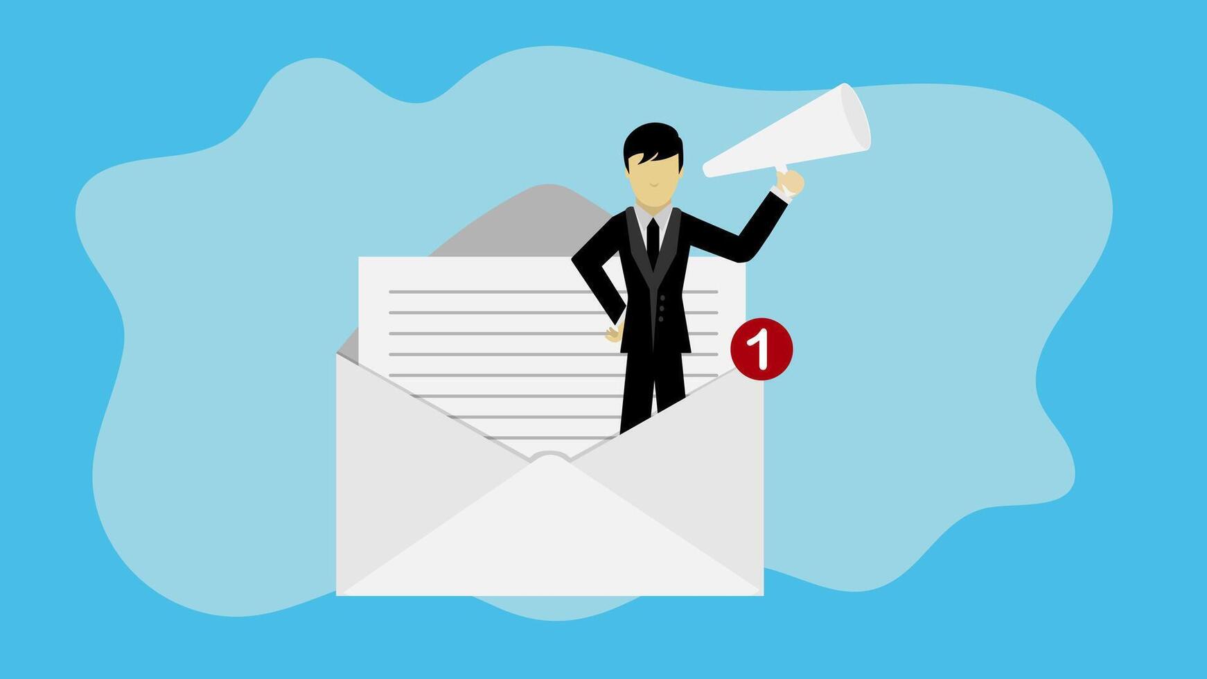 Businessman standing in email envelope announcing promotion through vector