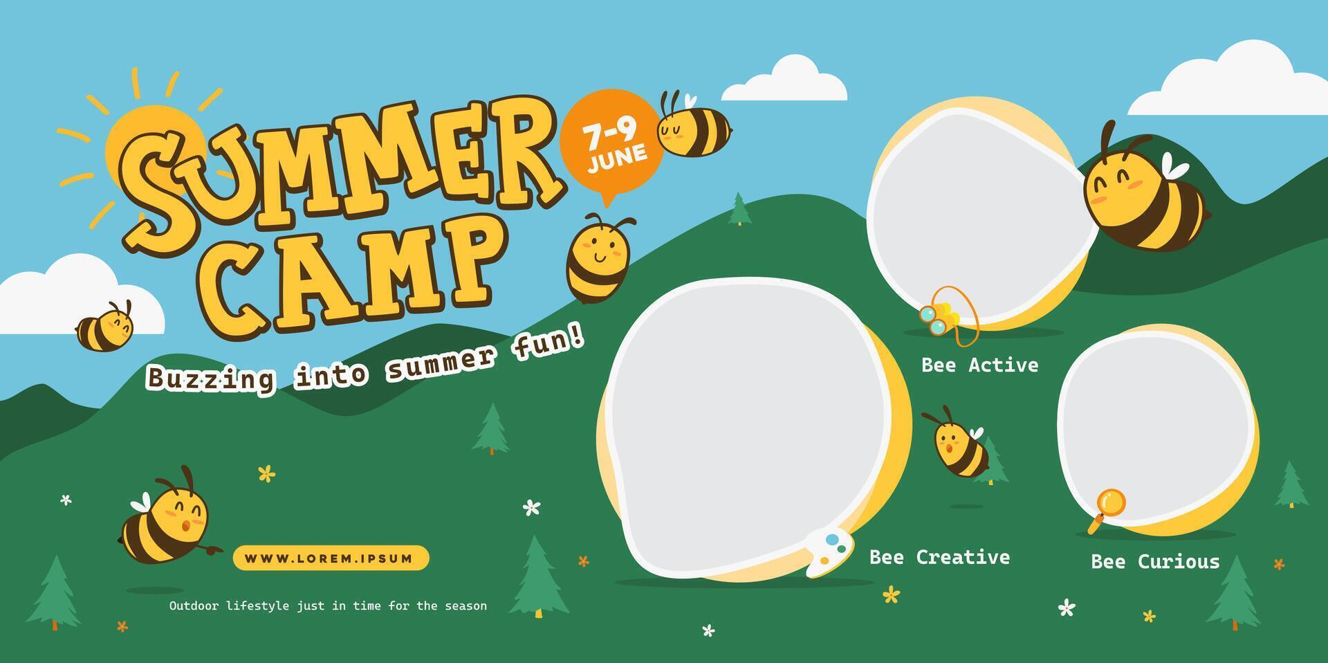 Adorable summer camp poster featuring cute bee characters, outdoor scenery, and activity sections. Perfect for promoting kids events, school programs, or fun educational activities. vector