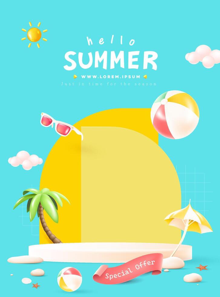 Playful 3D summer banner with sun, beach ball, umbrella, palm tree, and podium in pastel style. Perfect for seasonal promotions, product ads, and holiday sales. vector