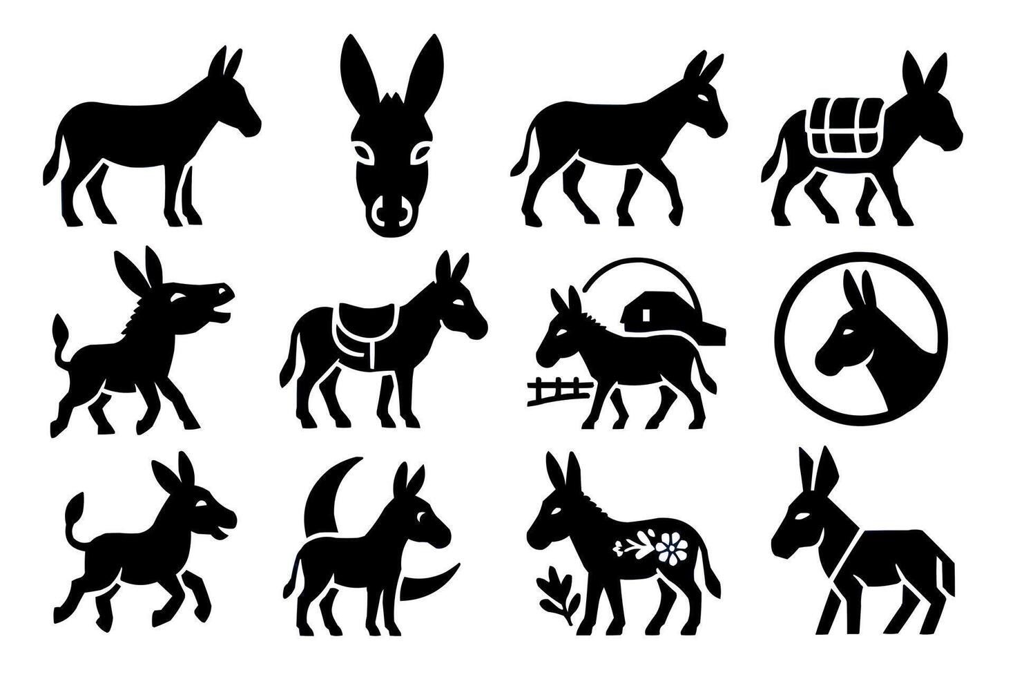 a set of black and white donkey icons vector