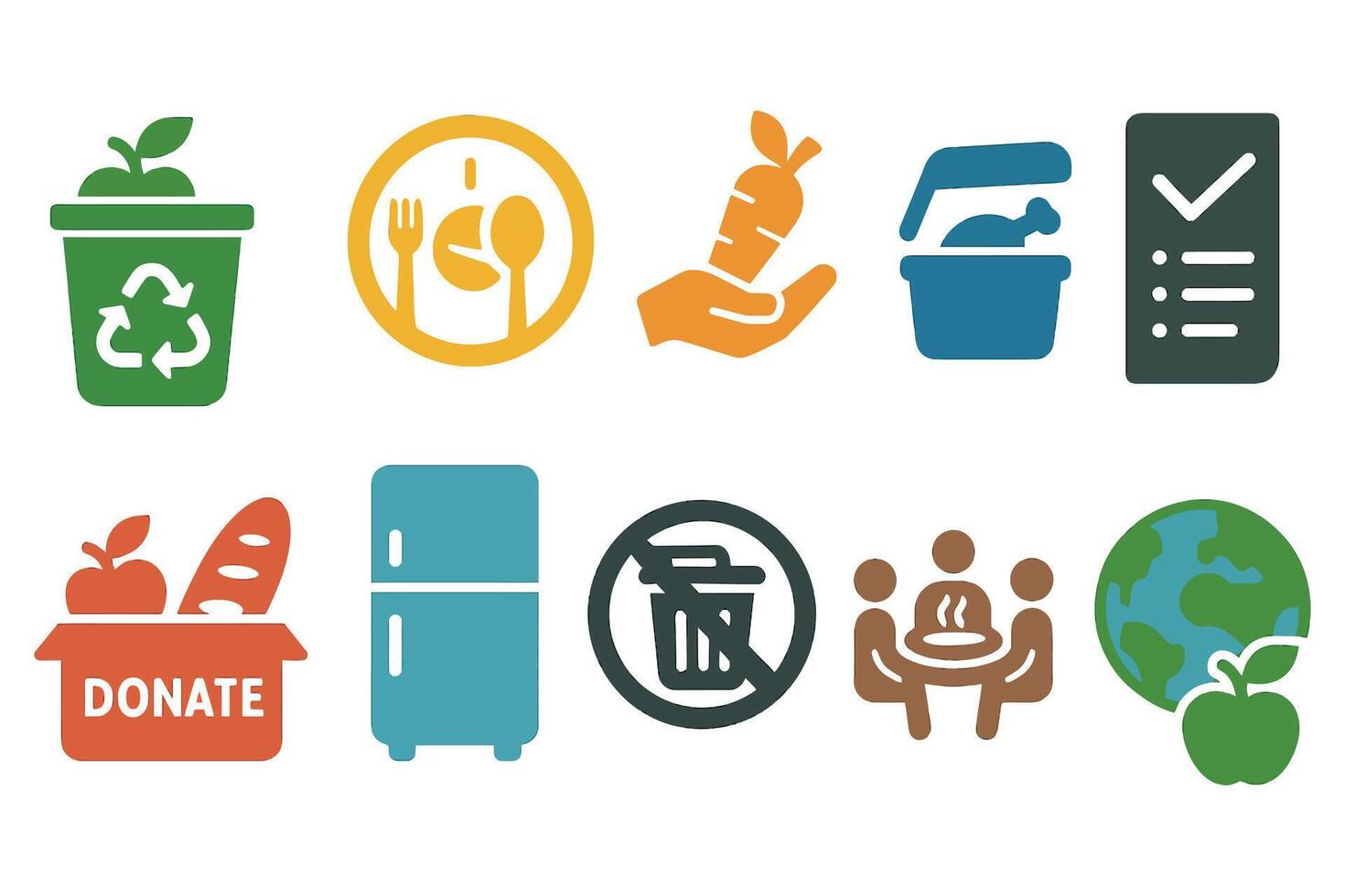 Food Waste Prevention Icons Donate Recycle Save Eat Eco Set vector