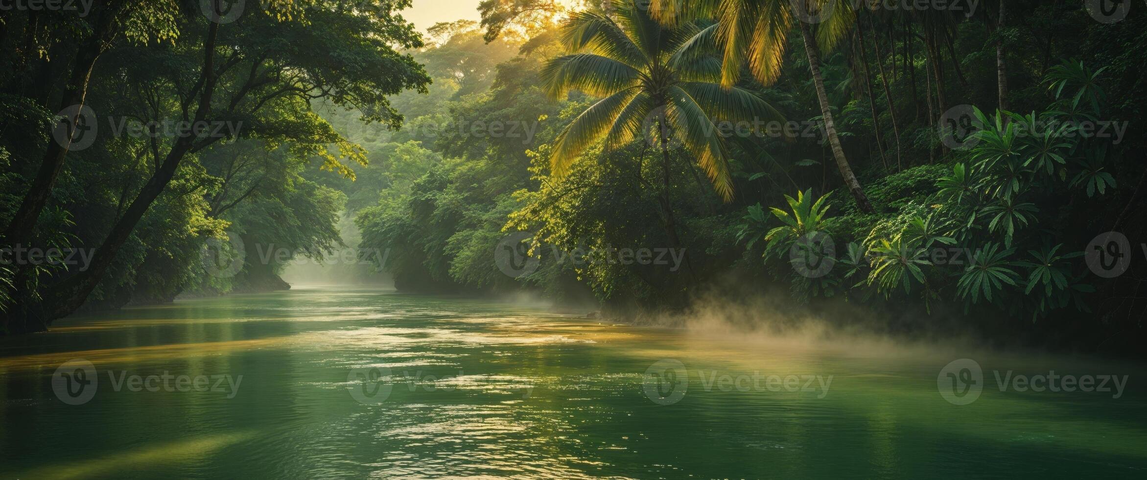 Lush Green Tropical River in Jungle Setting. photo