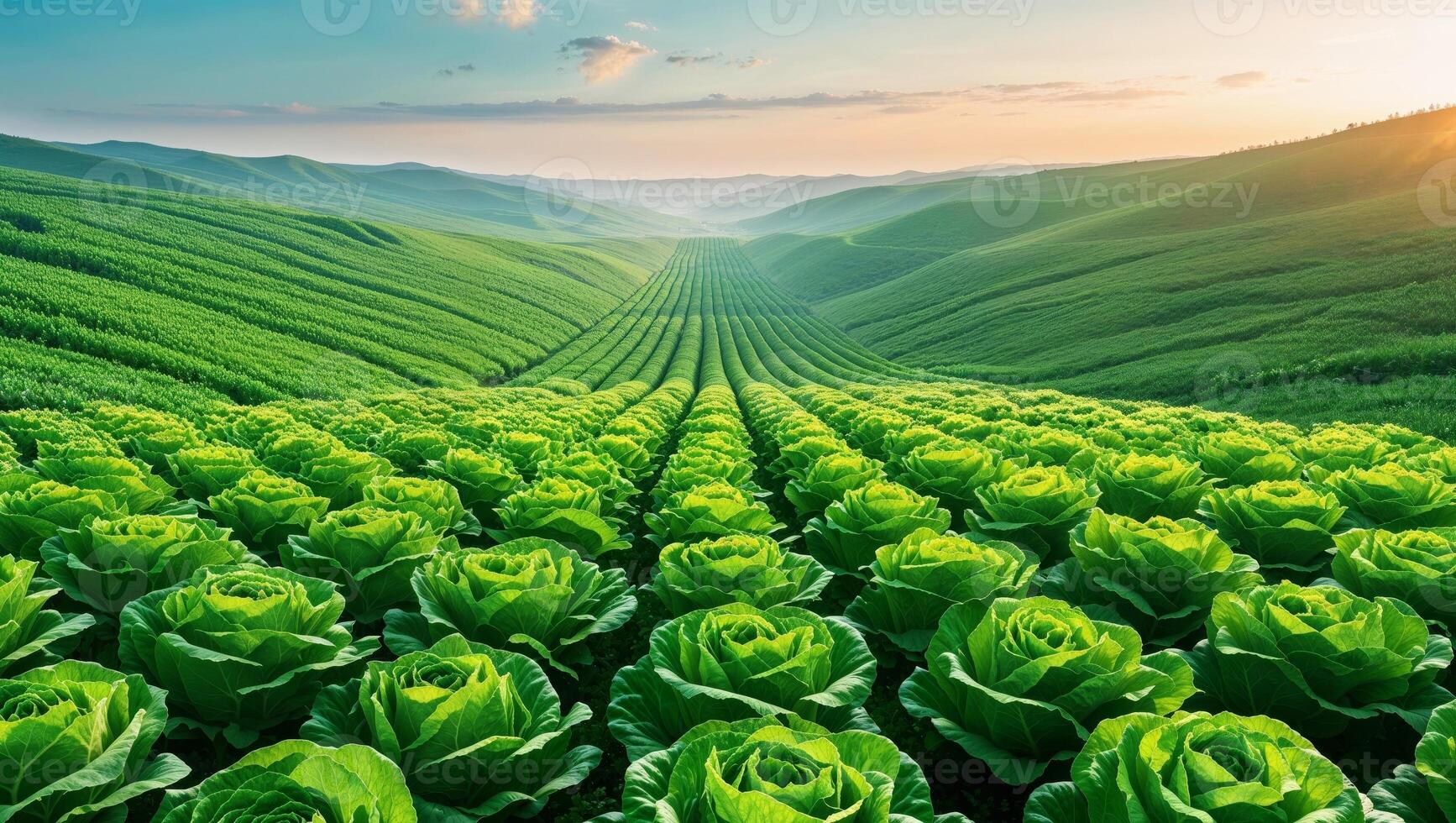 Lush Green Lettuce Field Stretches Across Valley Under Bright Sky at Sunset photo