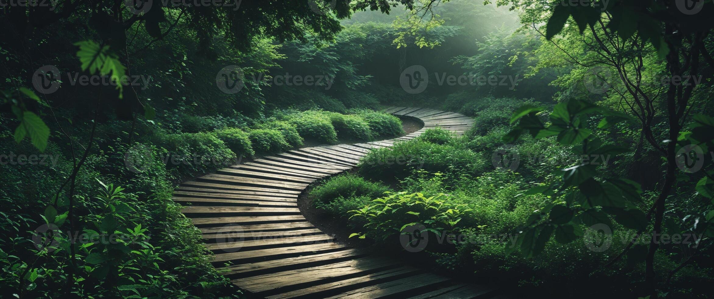Winding Wooden Path Through Lush Green Garden. photo