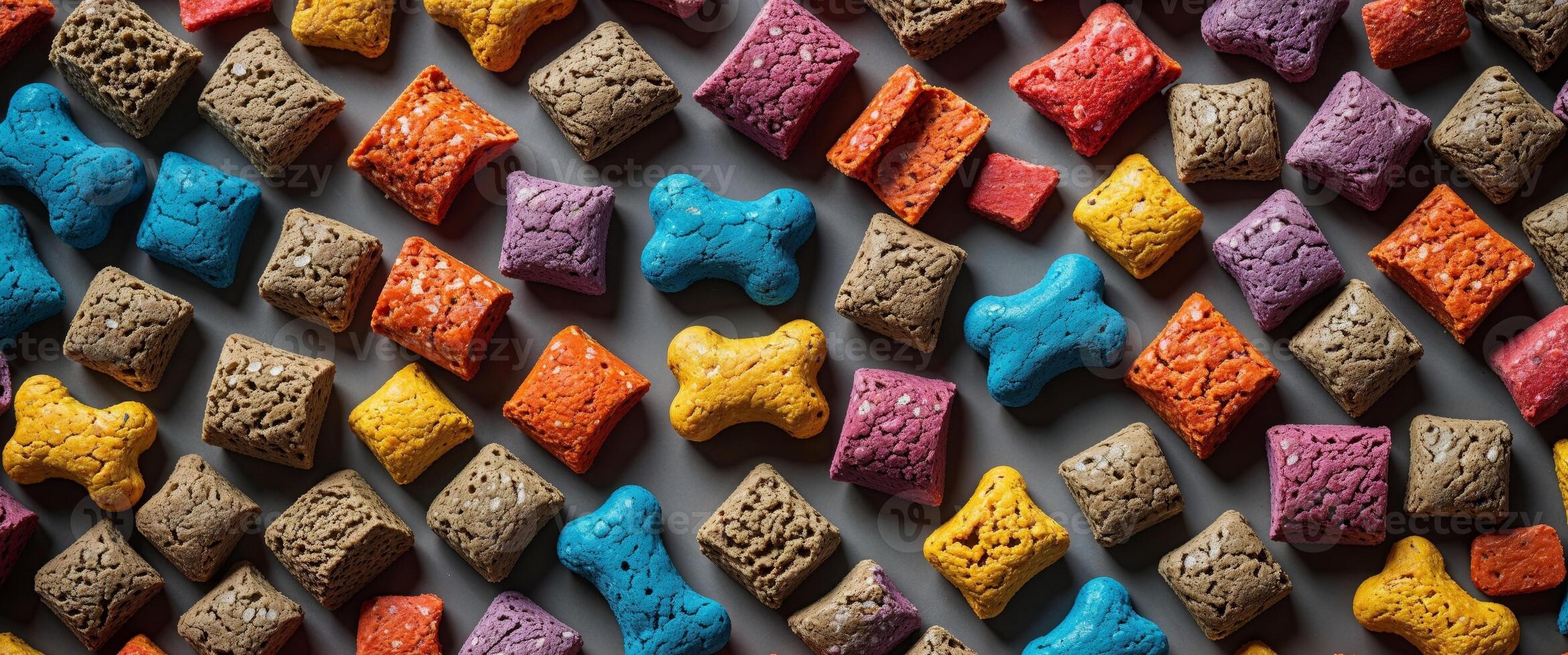 Colorful Dry Pet Food Kibble Texture Background Top View of Assorted Dog or Cat Food. photo
