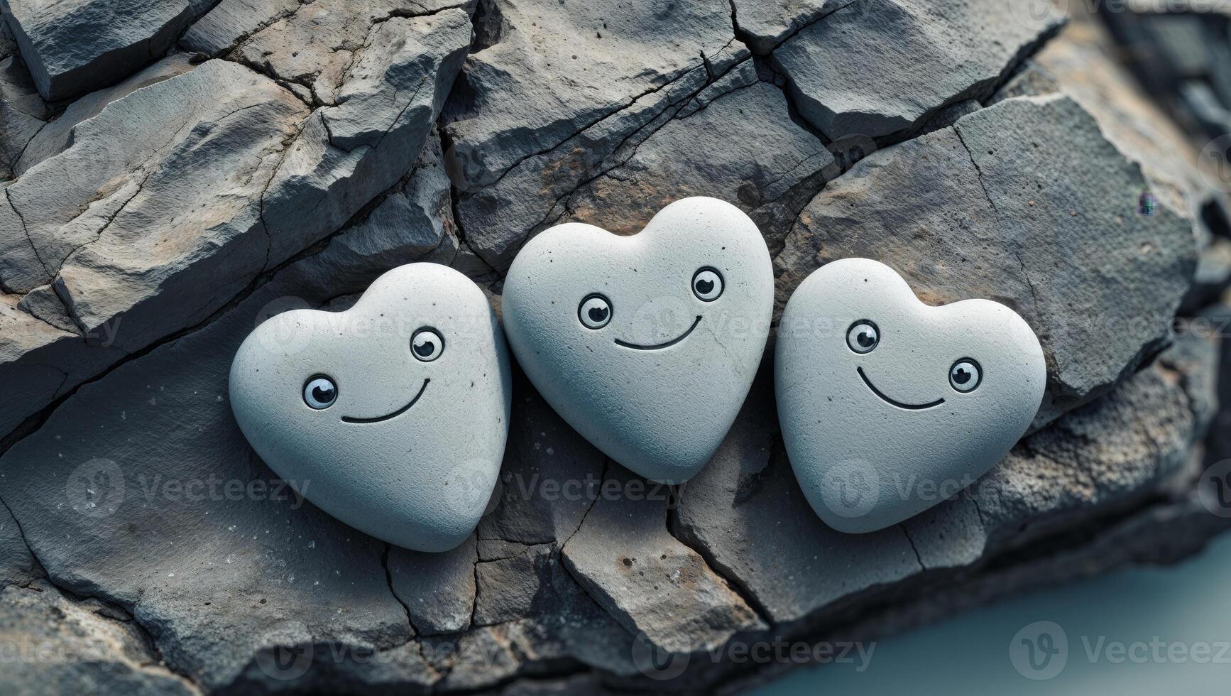 Three heart shaped stones smiling and sitting on a rock photo