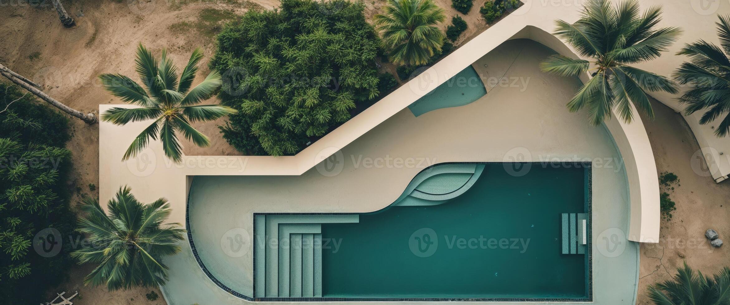 Aerial View of a Modern Swimming Pool and Landscaping. photo
