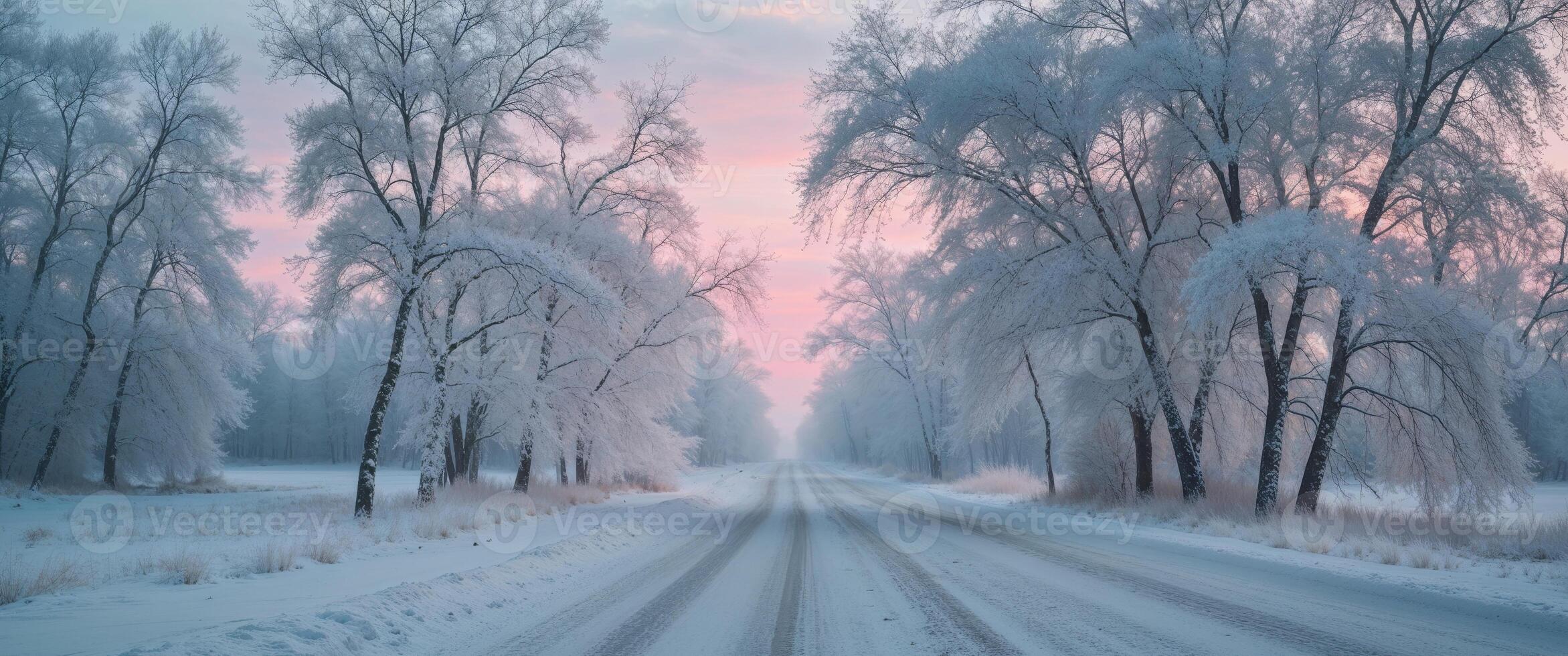 Snowy road with frosty trees at sunrise in a winter landscape. photo