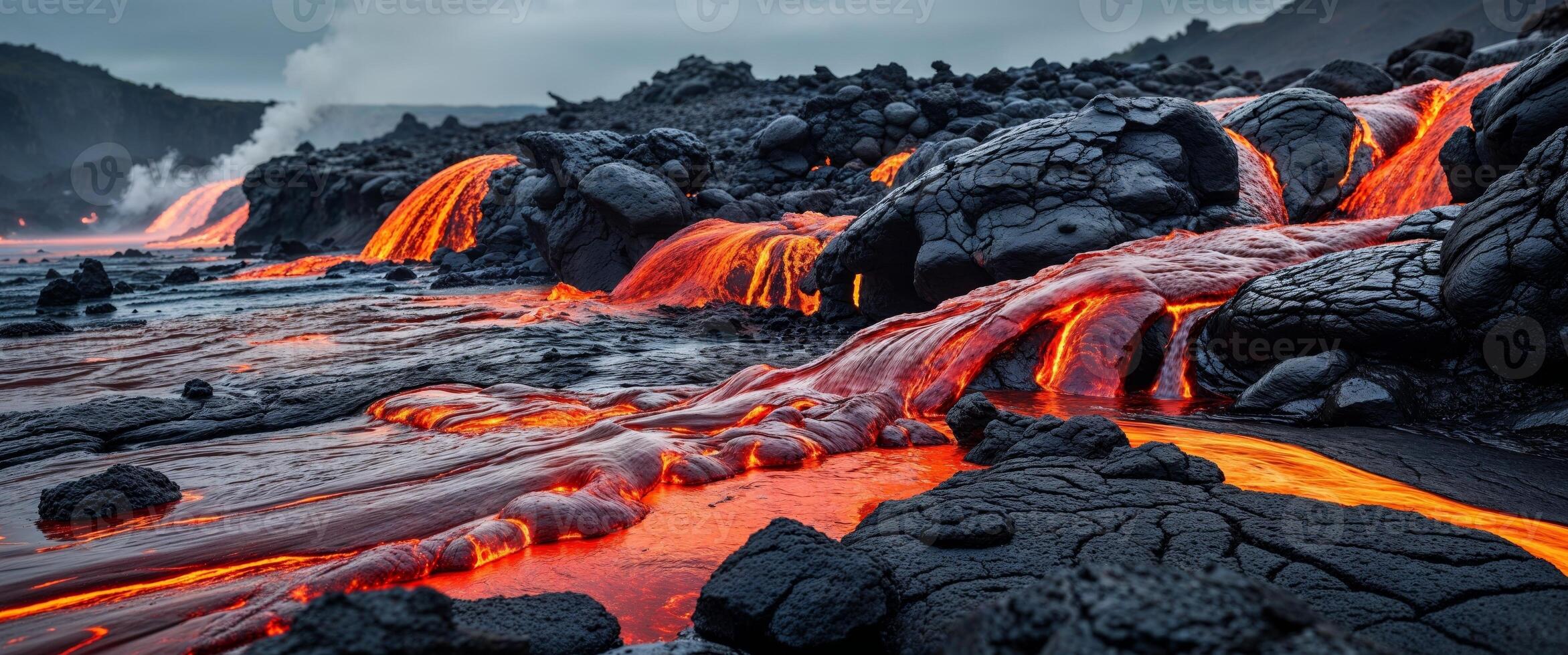 Molten lava flows over dark volcanic rocks photo