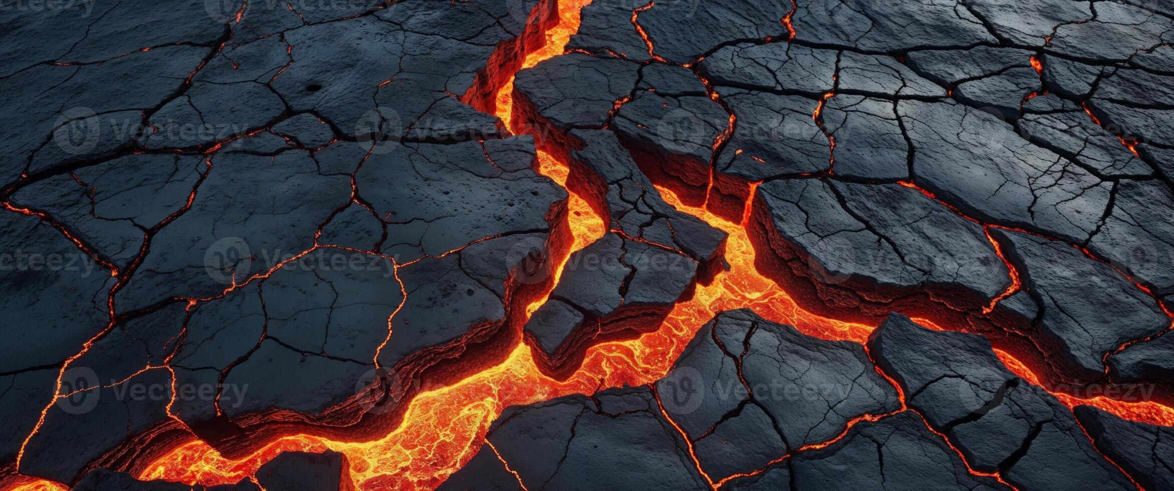 Molten Lava Flowing Through Cracked Volcanic Rock Surface Texture photo
