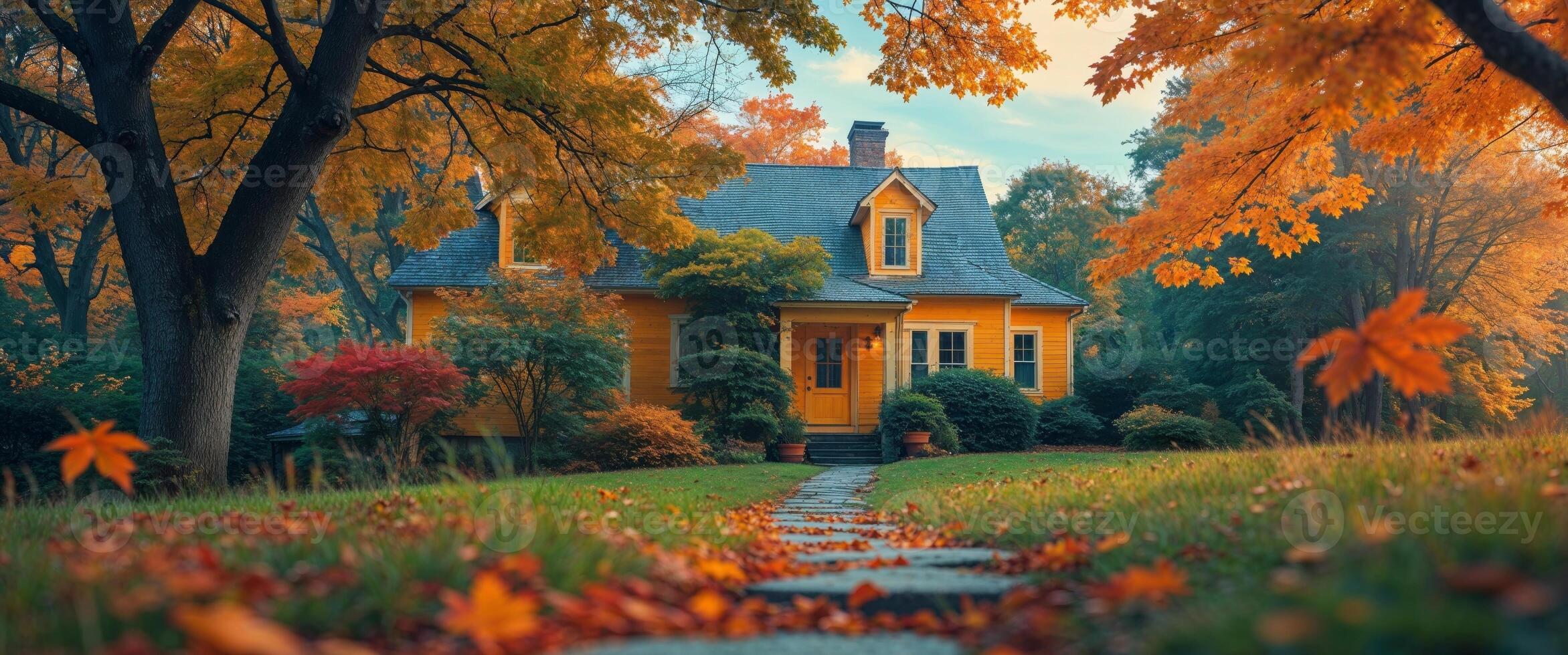 Yellow House Autumn Landscaping Dream Home. photo