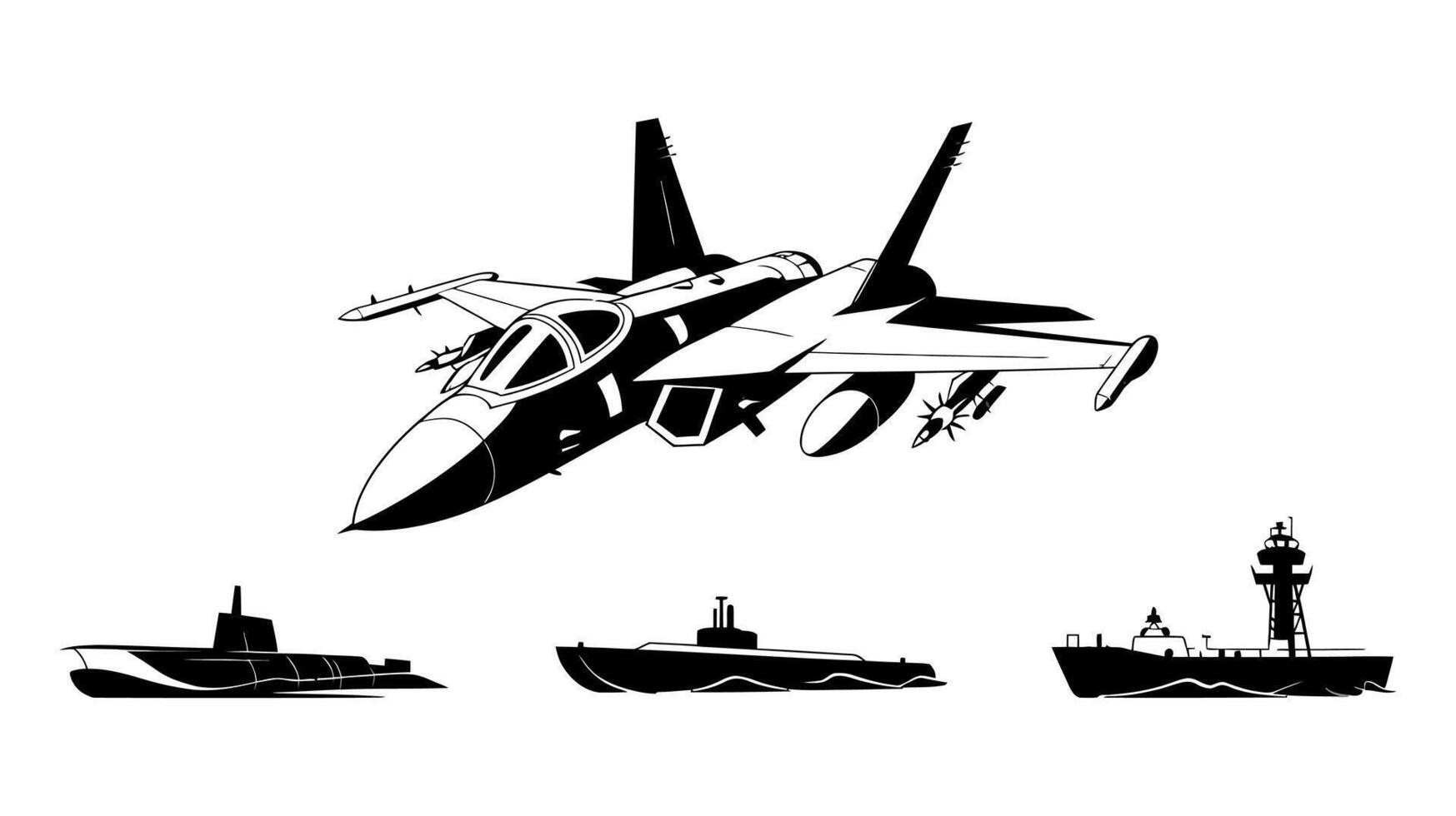 Jet Fighter Submarine Battleship Aircraft Carrier Military Art vector