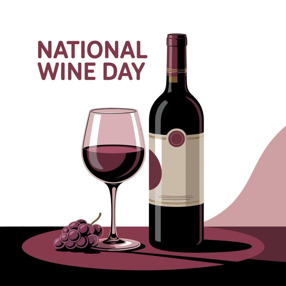 National Wine Day with Red Wine Bottle Glass and Grapes vector