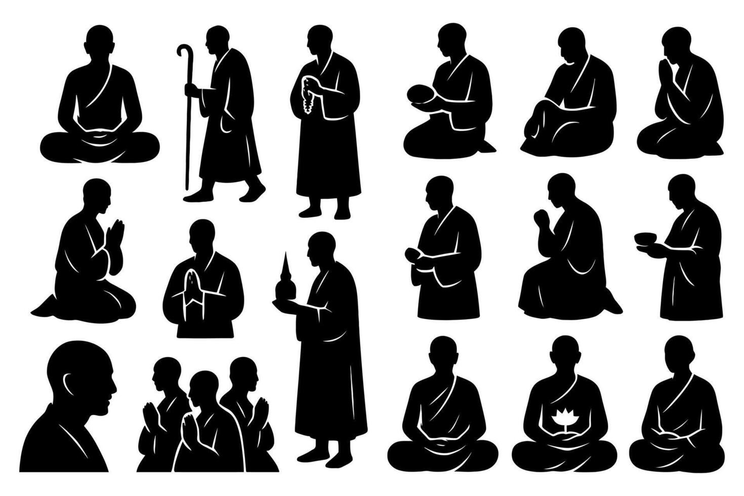 Buddhist Monk Silhouette Icons Meditation Prayer Worship Religion Set vector