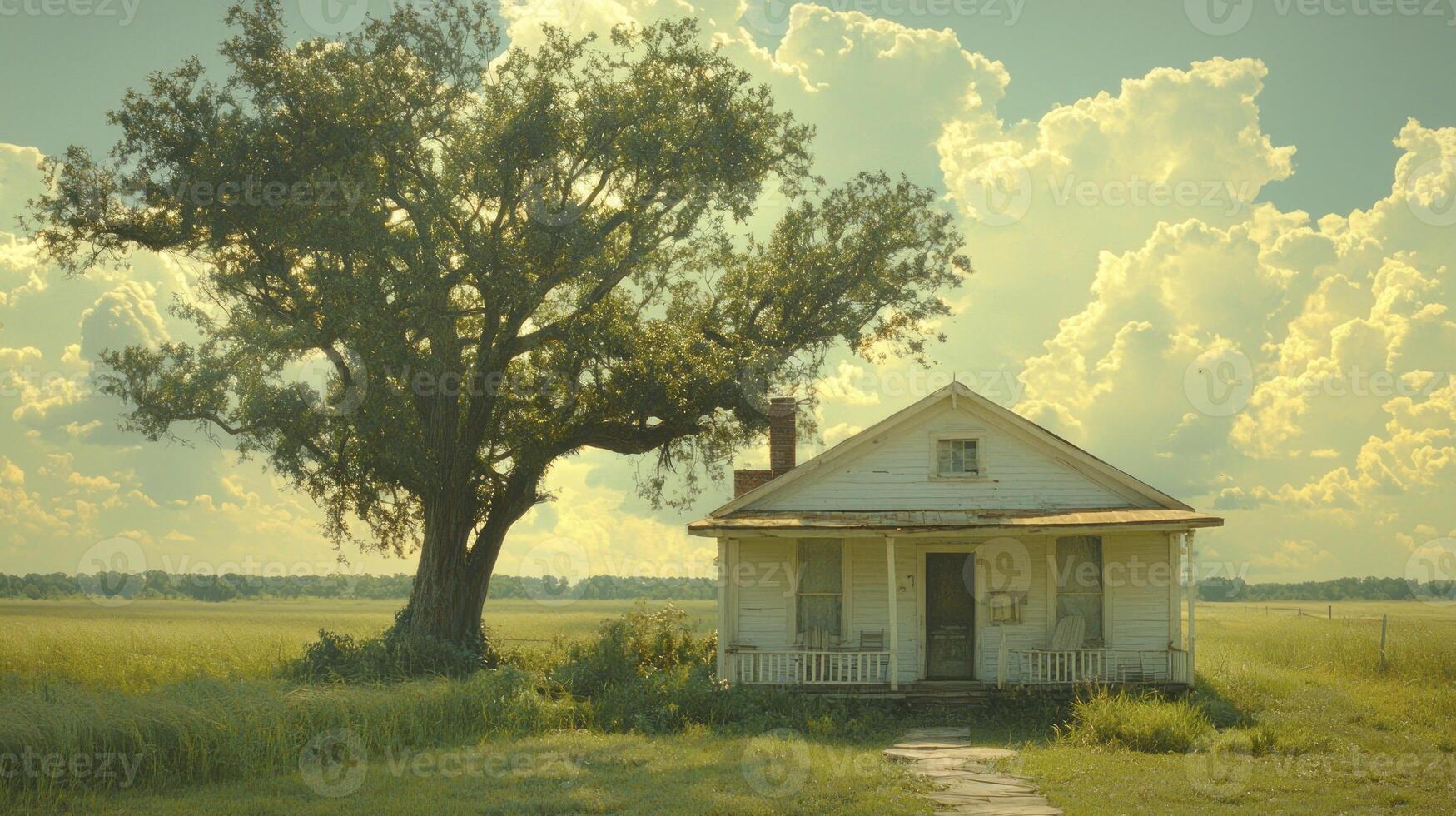 An old house sits in the middle of a field photo