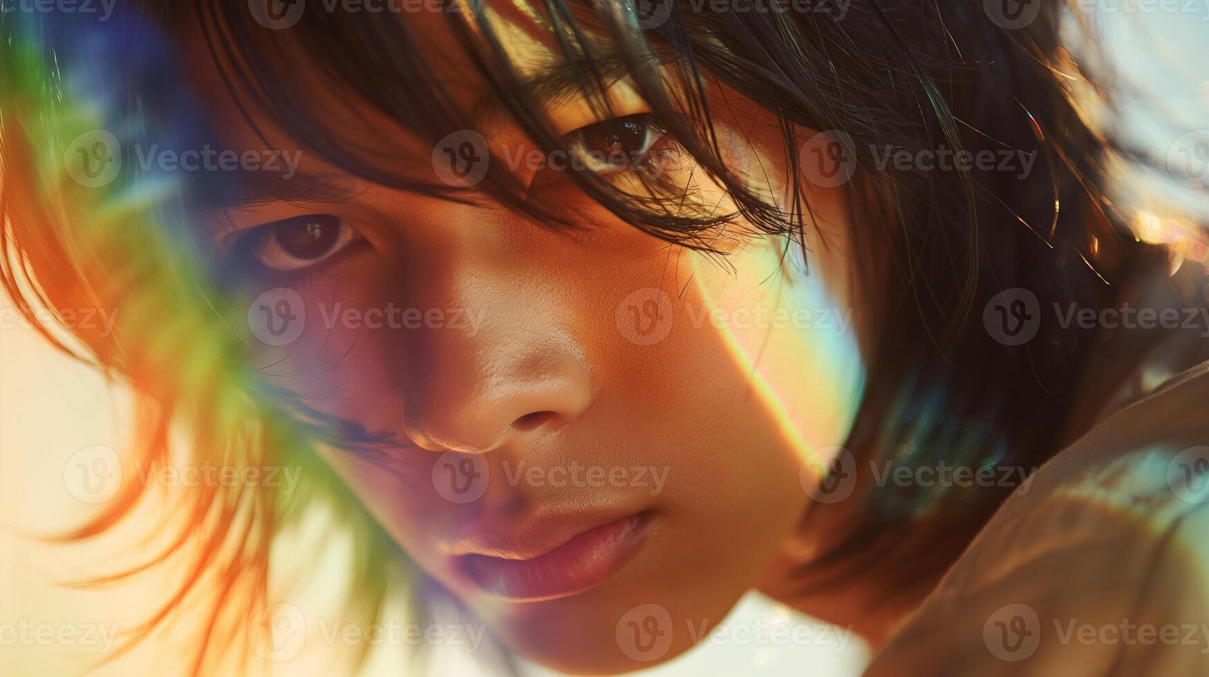 Rainbow spectrum across japanese male face portrait image closeup. Intense eyes. Prism colors gaze close-up photography human scene. Dreamy expression concept photo-realistic photo