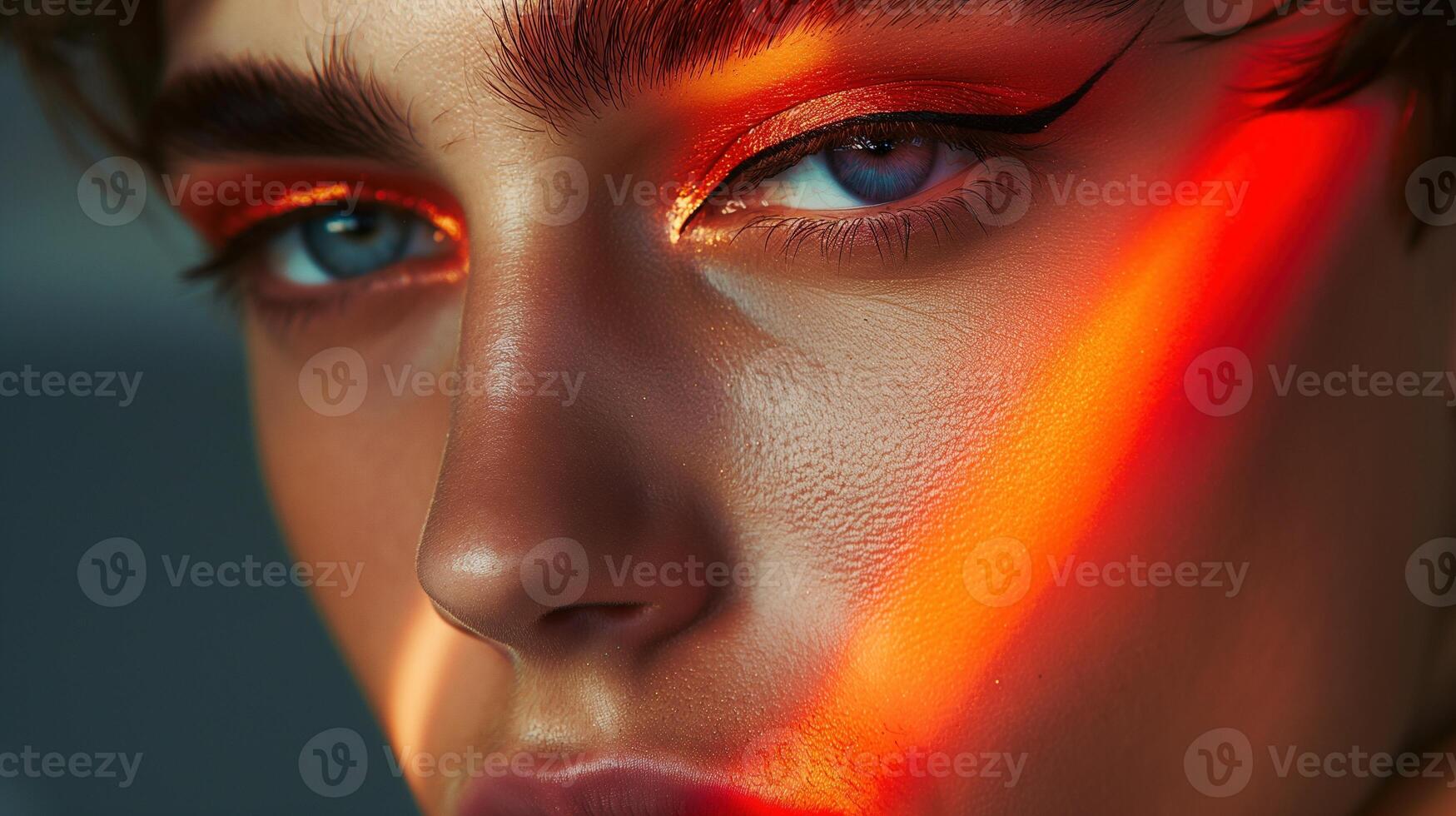 Fiery eyeliner and neon light streak male face portrait image closeup. Blue eyes, avant garde. Expressive gaze close-up photography human scene. Fashion look concept photo-realistic photo