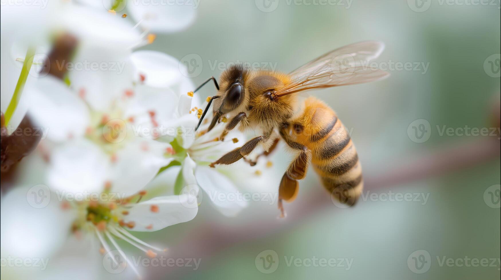Bee pollinating flower in nature close-up soft focus photo
