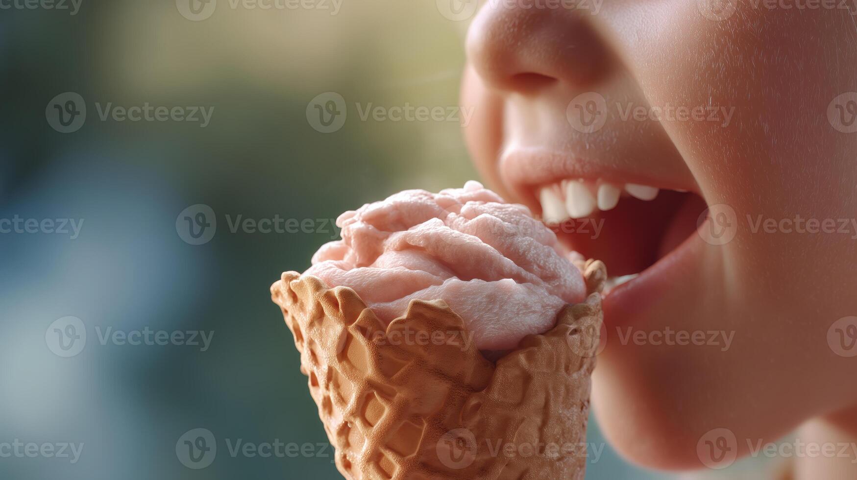 Enjoying delicious ice cream cone outdoor park child's delight close-up photo