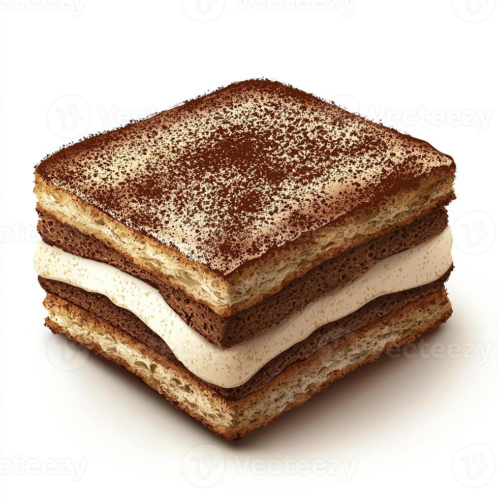 A delectable layered tiramisu dessert dusted with cocoa powder, presented on a bright white background. photo