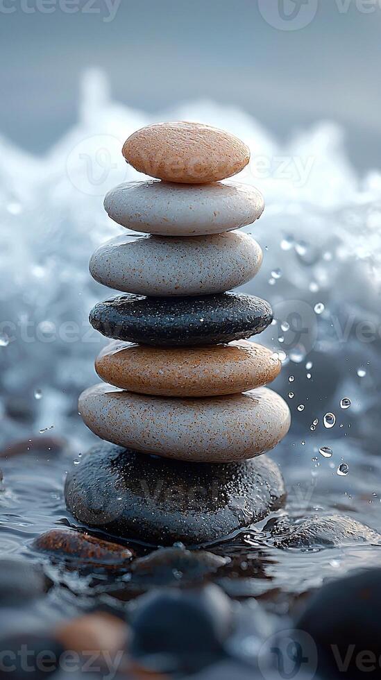 Zen stacked stones balance perfectly on the seashore as the ocean waves ripple around the tower. photo