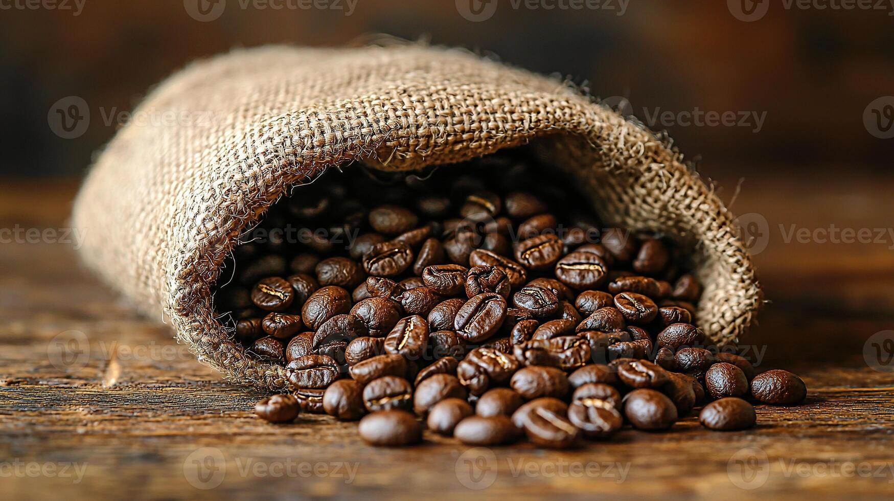 Close-up of roasted coffee beans spilling from a burlap sack on a wooden table. photo