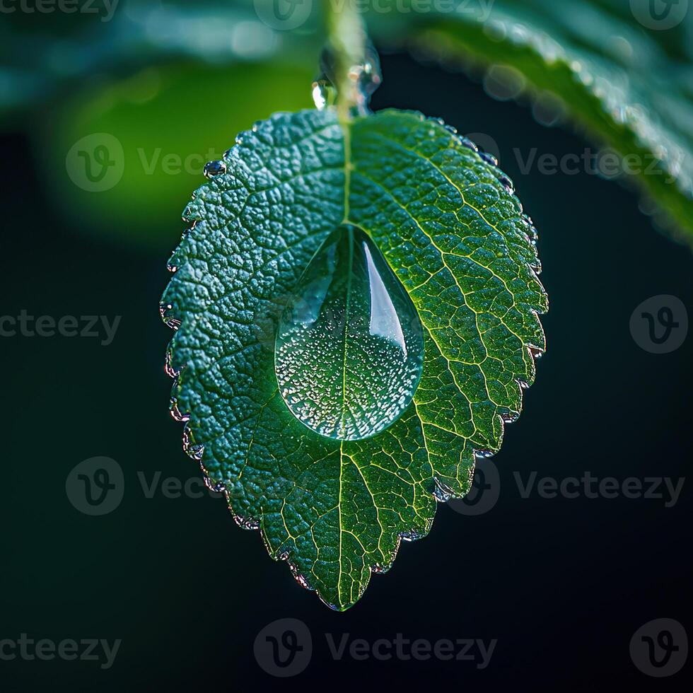 Close-up view of a vibrant green leaf with a clear water droplet, displaying nature's elegance. photo