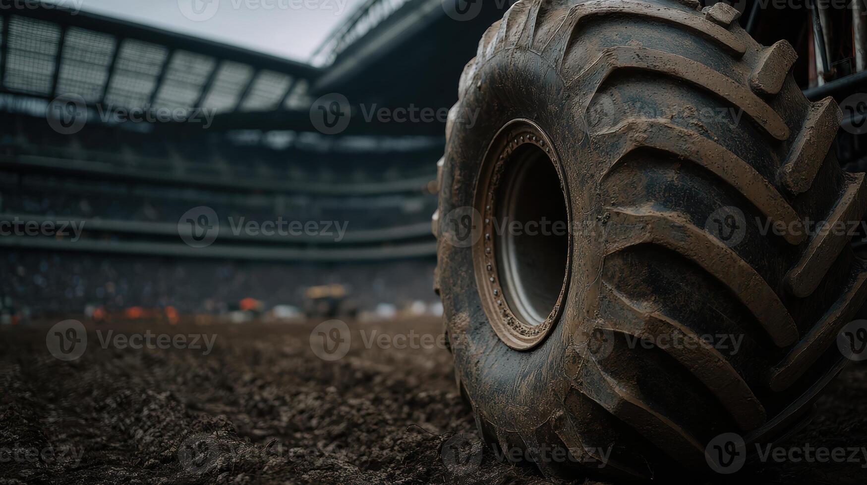 Massive truck tire at sports arena action shot urban environment photo