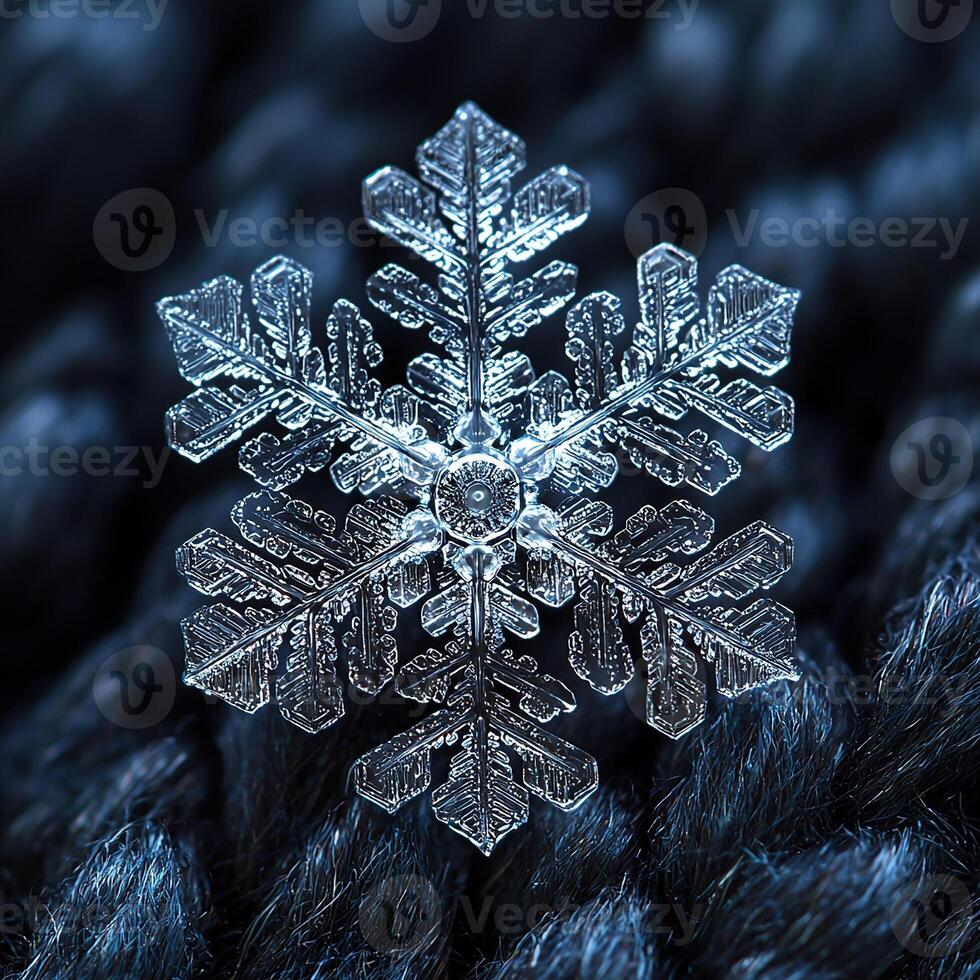 A perfectly formed snowflake with exquisite detail, resting on a dark, textured surface. photo