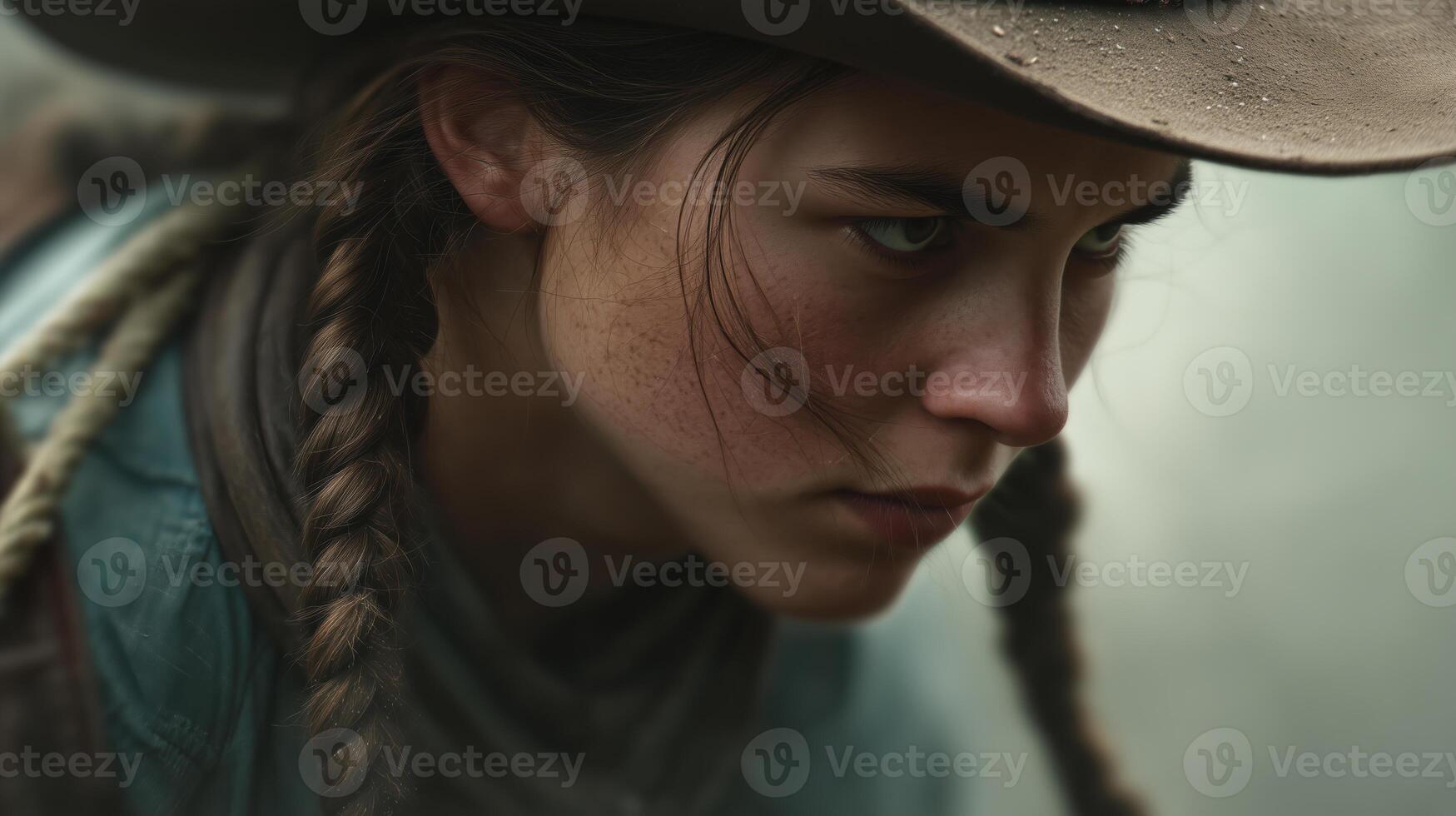 Intense cowgirl focused adventure wilderness portrait dramatic close-up exploration photo