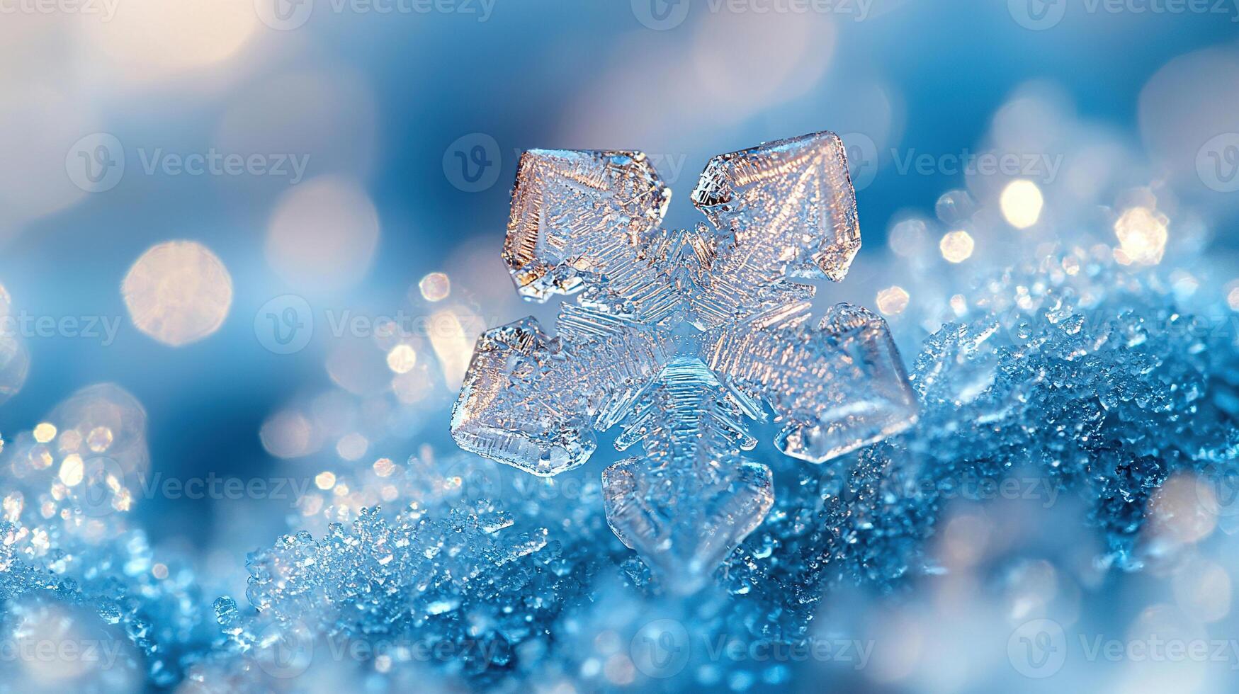 A stunning macro photograph captures a single snowflake in intricate detail on a bed of snow. photo