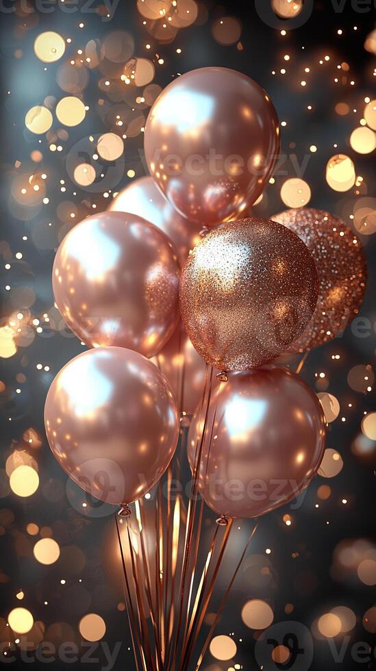 A captivating image of rose gold balloons in a festive celebration with a bokeh background. photo