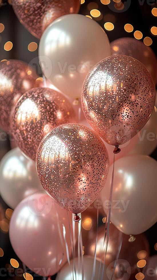 A beautiful display of rose gold and pink confetti-filled balloons for a special celebration. photo
