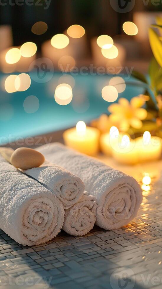 Relaxing spa scene with rolled white towels, candles, and a stone, offering a sense of peace. photo
