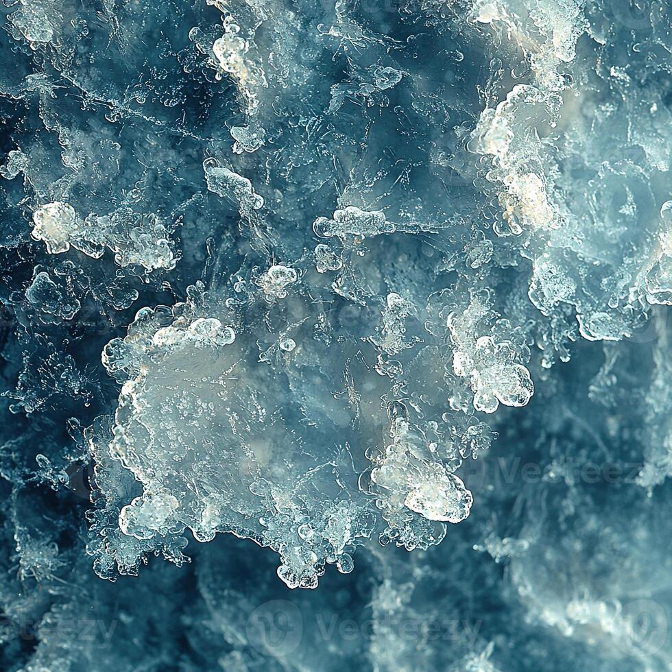 Intricate ice crystals form a stunning natural abstract in captivating shades of blue and white. photo
