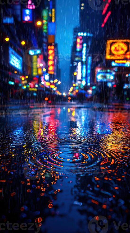 Captivating view of a rainy city street at night, with vibrant reflections on the water. photo