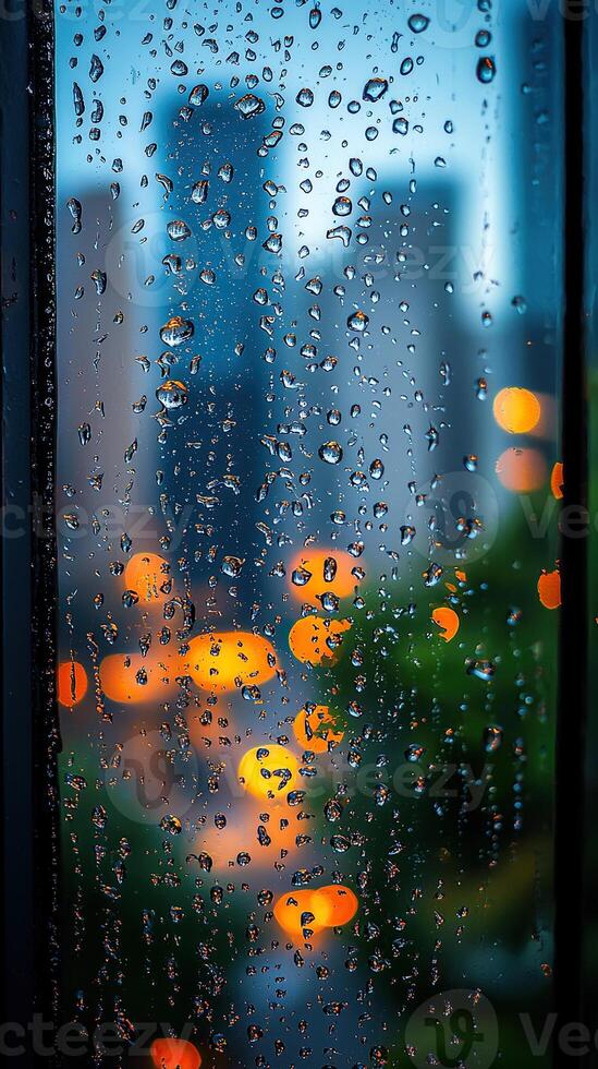 Raindrops on a window obscure the vibrant city lights in a beautiful, dreamy vision. photo