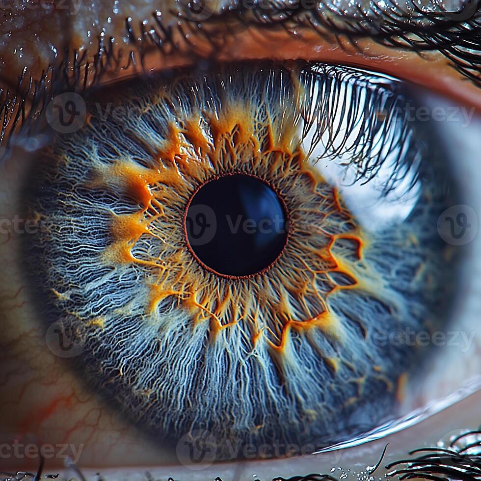 A captivating macro shot of a human eye, highlighting the stunning details of the iris and pupil. photo