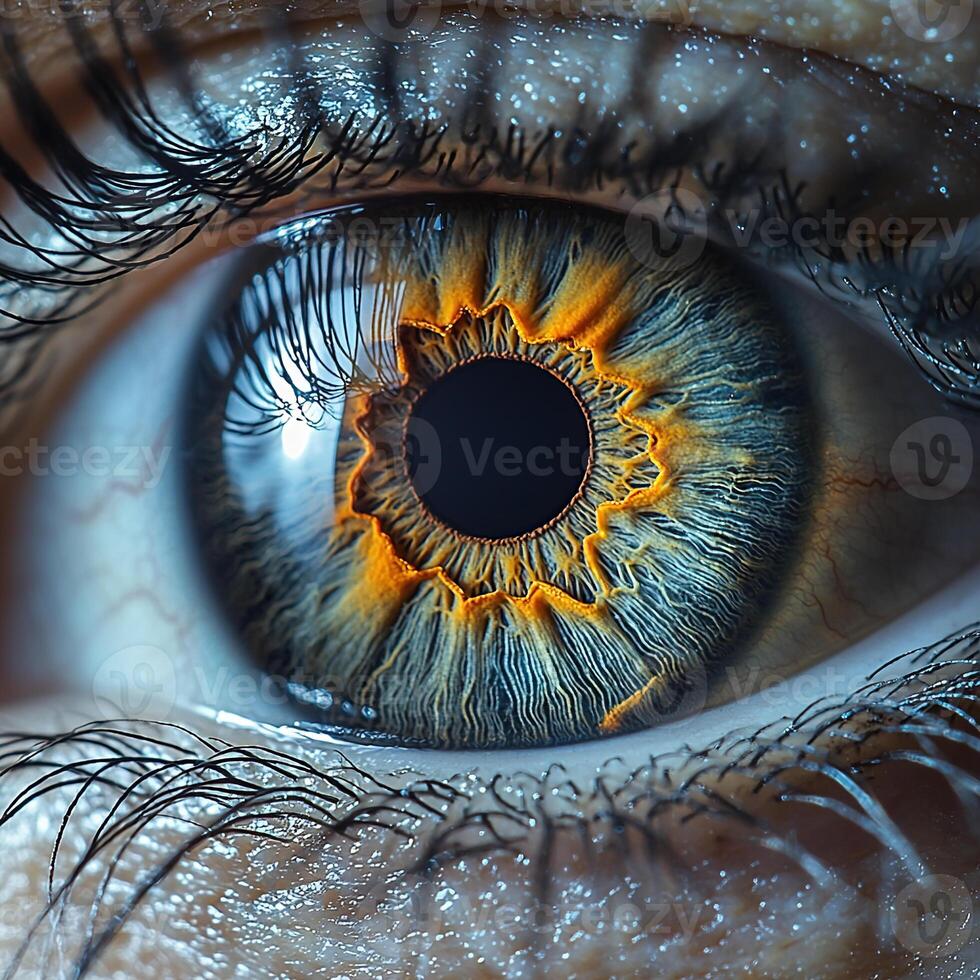 A breathtaking macro shot of a human eye reveals exquisite details and unique natural patterns. photo