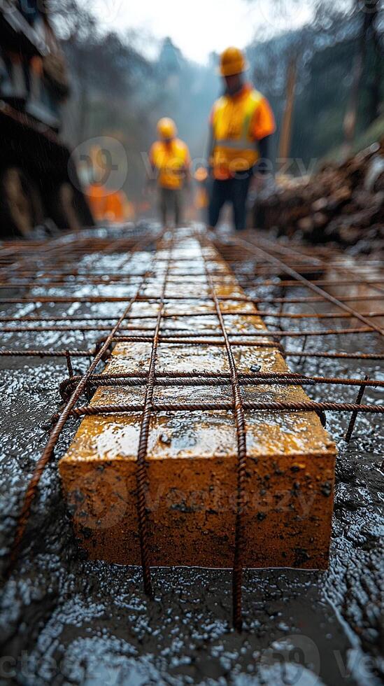 Construction crew laying reinforcement mesh on a road surface during infrastructural work. photo