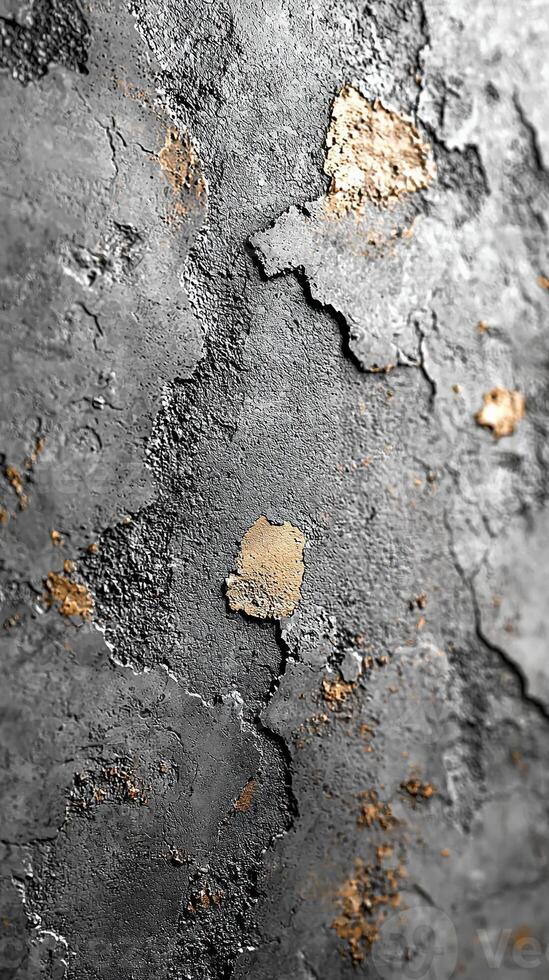 A striking close-up view reveals a textured dark surface with golden, weathered details. photo