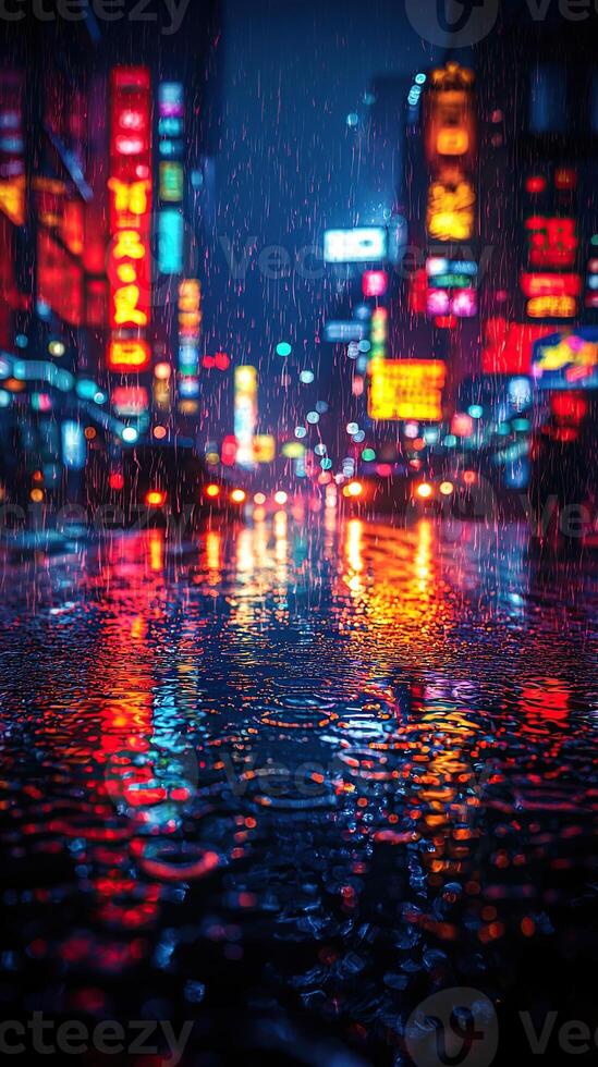 Vibrant city scene at night with neon lights reflecting on a wet street during rainfall. photo