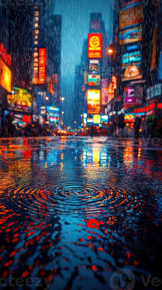 Captured moment of rain in a city, the glistening streets are filled with colorful lights. photo