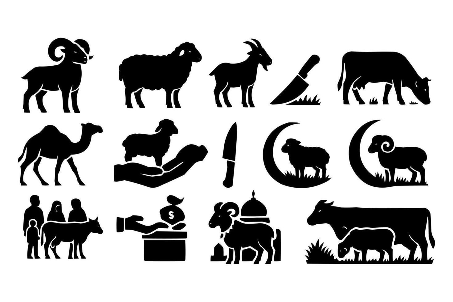 various black silhouettes of animals and people vector
