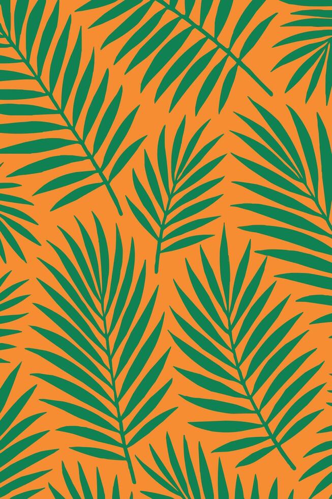a pattern with green palm leaves on an orange background vector