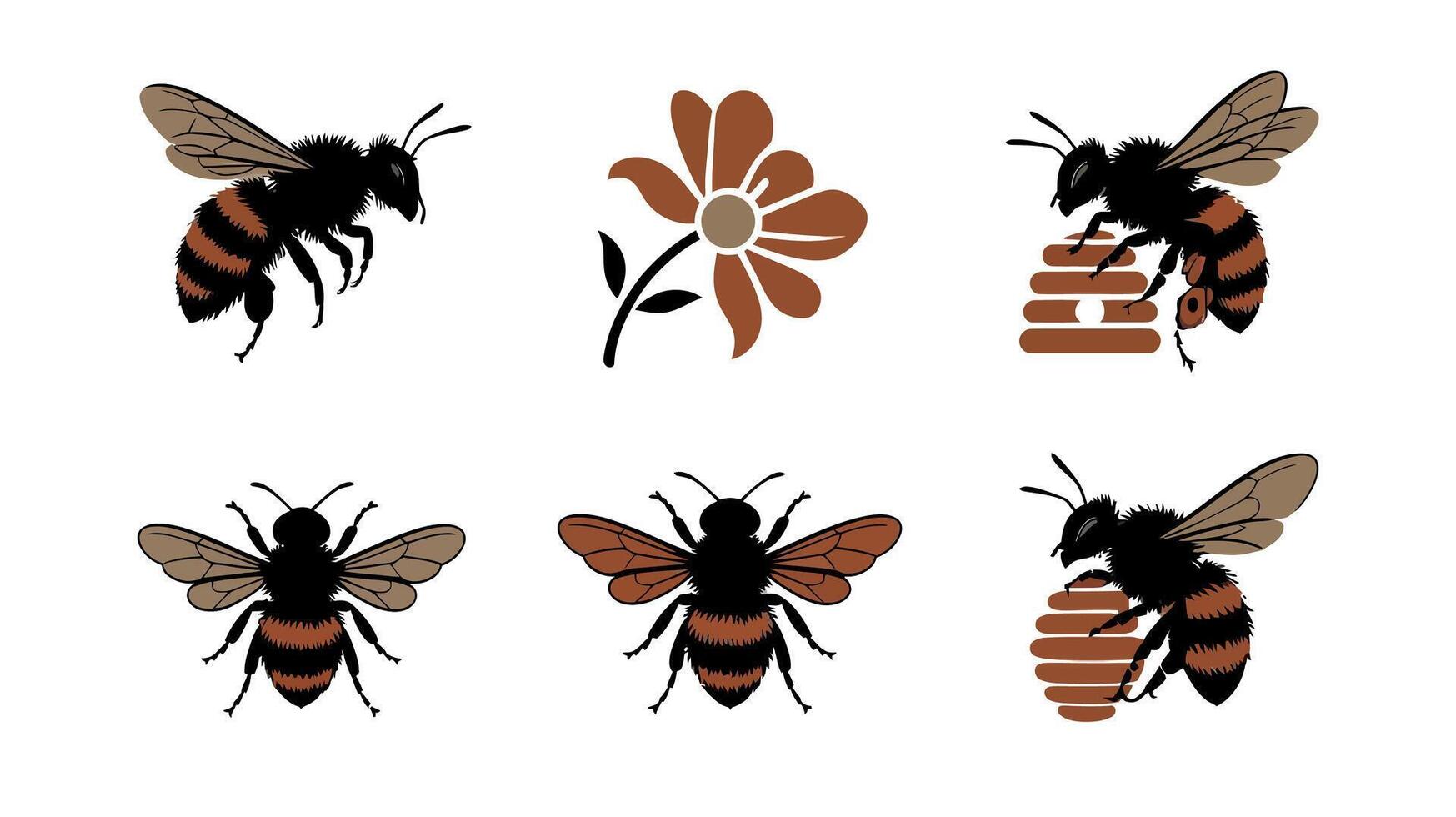 bee logo set with honey bee, bee, flower, flower bee, bee hive, bee hive vector